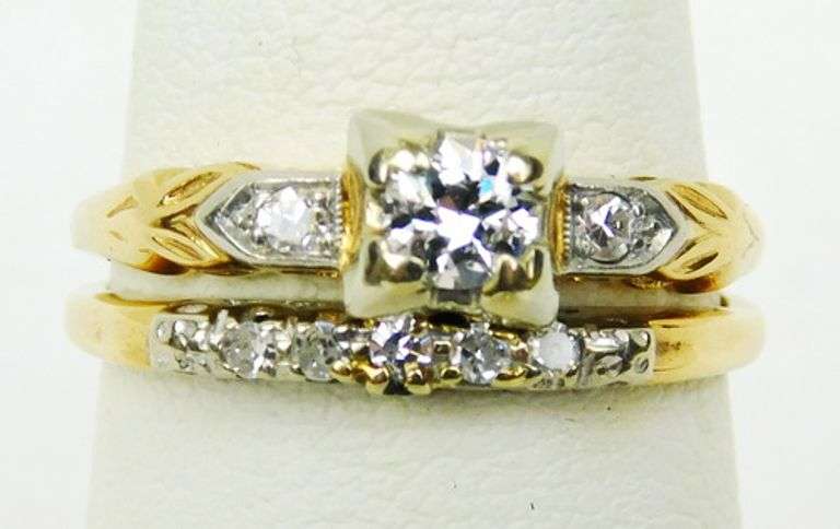 Antique 14K Diamond Wedding Set, Size 7