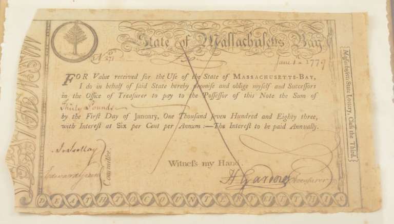 1779 Massachusetts-Bay 30 Pound Lottery Ticket Framed w/ Tru Vue Glass