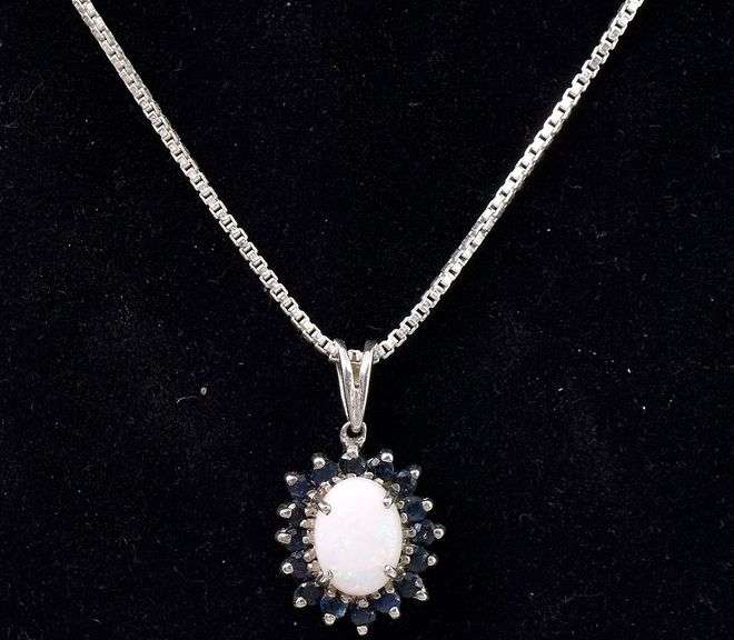 Opal And Blue Sapphire Pendant Necklace In Sterling Silver