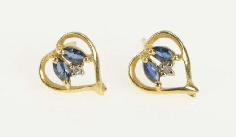 10K Yellow Gold Sapphire Diamond Inset Heart Love Symbol Earrings