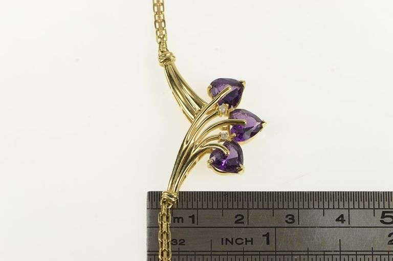 14K Yellow Gold Heart Amethyst Diamond Accent Chevron Chain Necklace