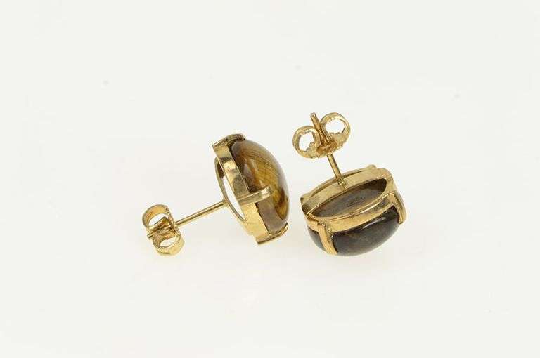 14K Yellow Gold 1960's Oval Tiger's Eye Ornate Stud Earrings