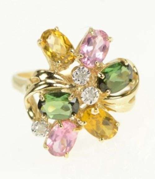 14K Yellow Gold Citrine Diamond Pink Topaz Tsavorite Cluster Ring