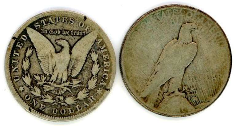 Two Different Types of US Silver Dollar: 1901-S Morgan & 1922 Peace