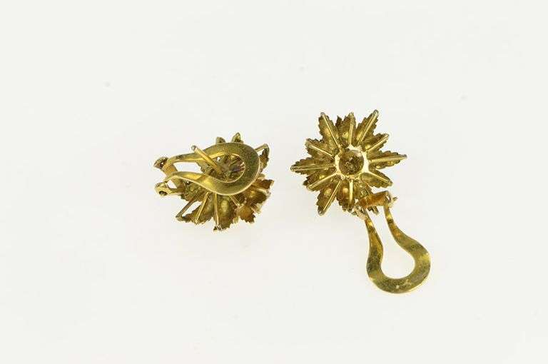 14K Yellow Gold 1960's Ornate Opal Leaf Cluster French Clip Earrings
