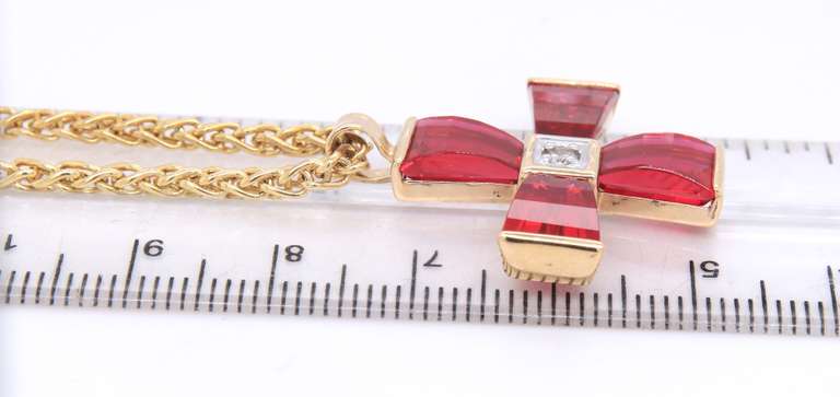 Handsome Yellow Gold Synthetic Ruby and Diamond Cross Pendant on Chain Necklace
