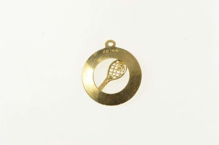 14K Yellow Gold Tennis Racket Pearl Accent 1960's Sports Charm/Pendant