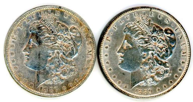 Two Different Morgan Silver Dollars: 1887 & 1889