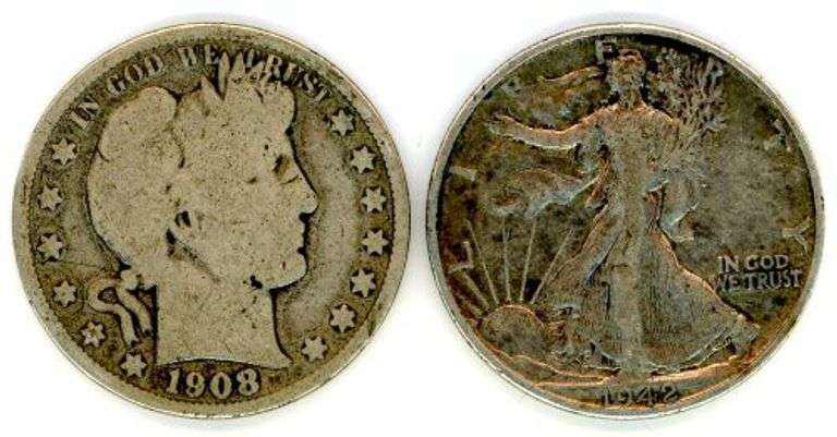 Two Different Silver Half Dollars: 1908-O Barber & 1942-D Walking Liberty