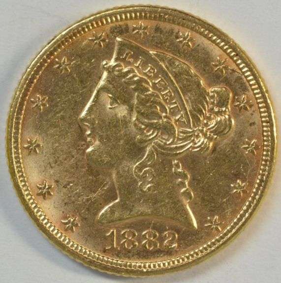 Blazing BU 1882 US $5 Liberty Gold Piece. Full strike