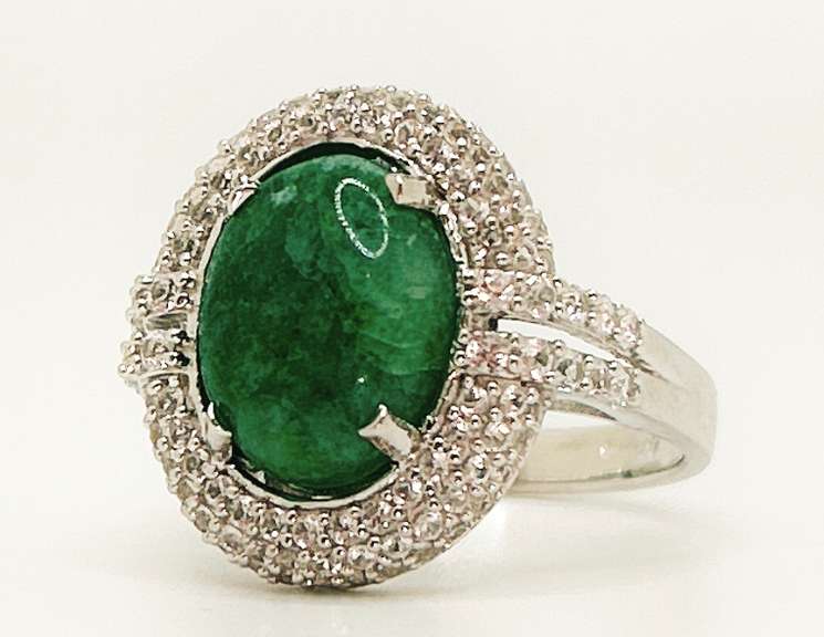 Darling 6.0+ Carat Cabochon-Cut Natural Emerald & White Sapphire Sterling Sliver ring