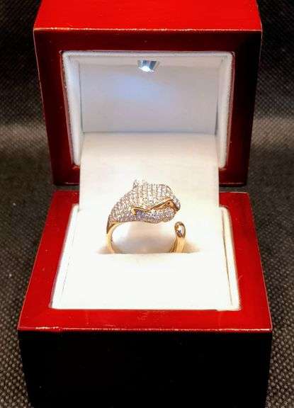 WOMEN'S 14K PAVE DIAMOND PANTHER RING WITH 1.15 CT OF NATURAL DIAMOND AND 2 EMERALDS 0.04CT