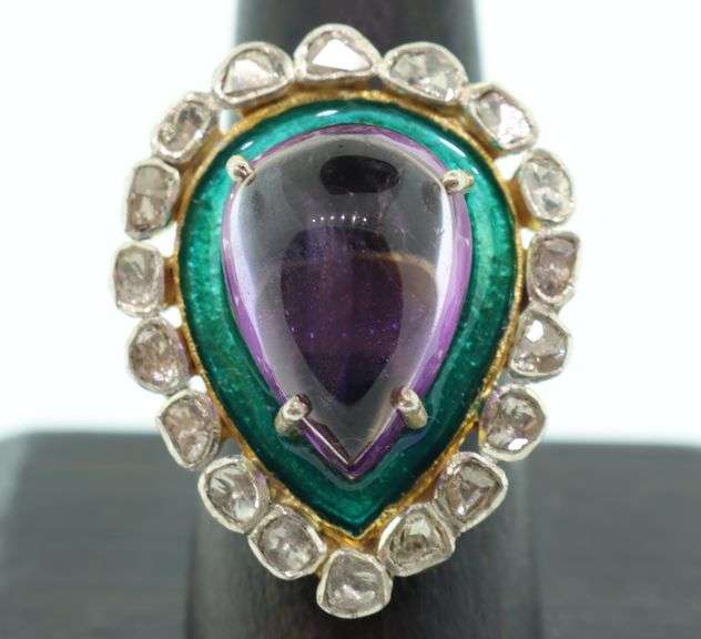 Luscious Teardrop Amethyst Ring with Gold Plated Silver and Mine Cut Diamonds