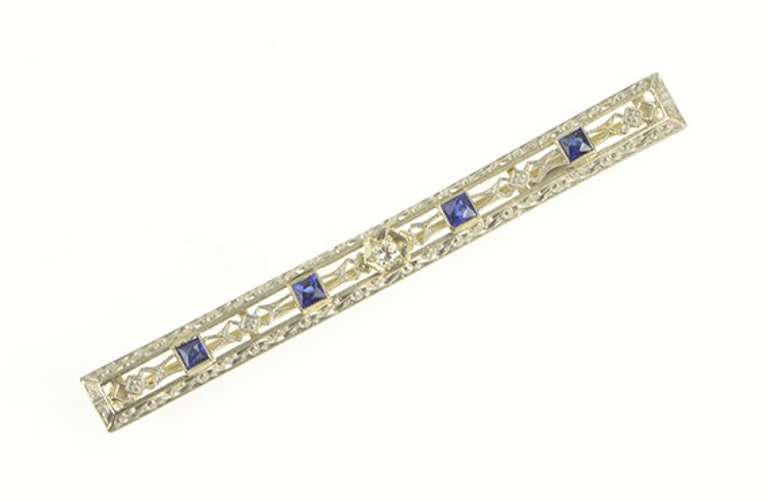 14K White Gold Art Deco Diamond Syn. Sapphire Filigree Bar Pin/Brooch