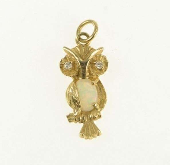 14K Yellow Gold Vintage Opal Diamond Eyed Owl Wisdom Charm/Pendant