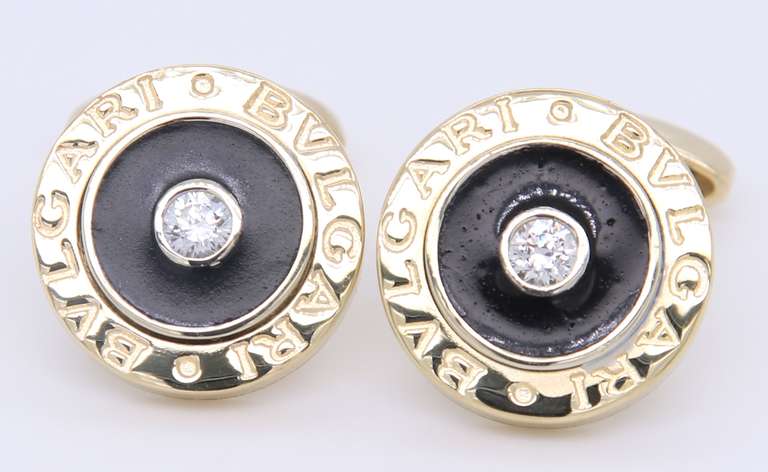 Bvlgari 14kt Yellow Gold Black Onyx and CZ Round Cufflinks