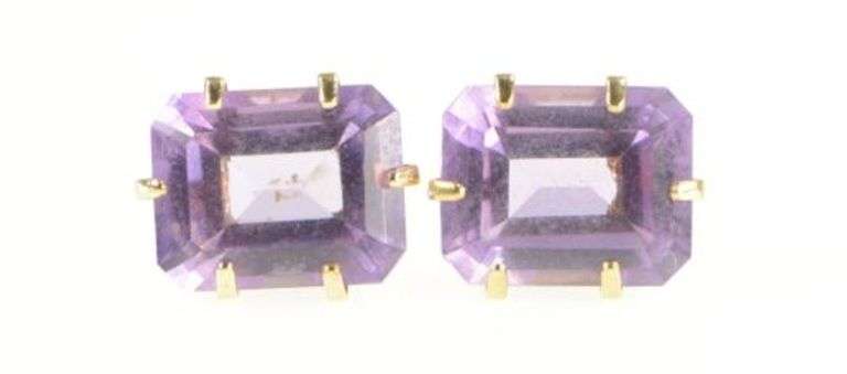 14K Yellow Gold Emerald Cut Amethyst Retro Classic Stud Earrings