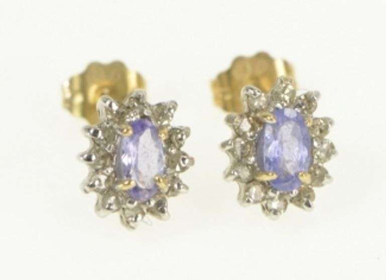 14K Yellow Gold Tanzanite Diamond Halo Vintage Stud Earrings