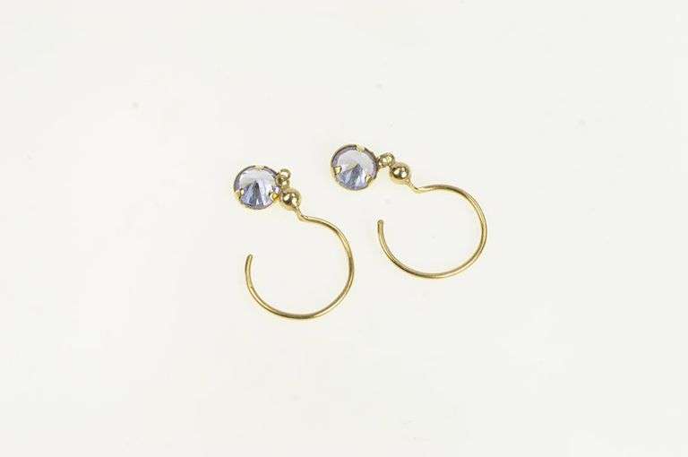 14K Yellow Gold Round Sim. Tanzanite Solitaire Dangle Hoop Earrings