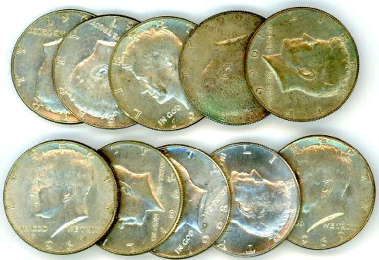 Ten Assorted 40% Silver Kennedy Half Dollars