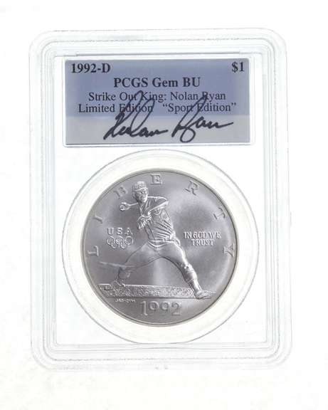 BU 1992-D Olympic Baseball Commem. Silver $1 Signed Nolan Ryan PCGS