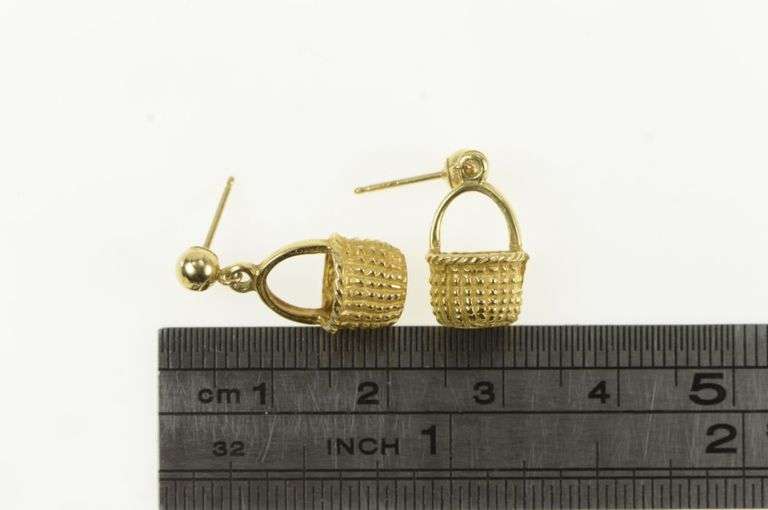 14K Yellow Gold 3D Longaberger Basket Picnic Vintage Dangle Earrings