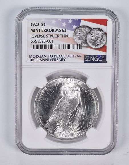 Error MS63 1923 Peace Silver Eagle REV Struck Thru 100th Anniv. NGC