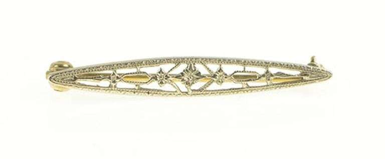 10K White Gold Art Deco Floral Filigree Vine Flower Bar Pin/Brooch