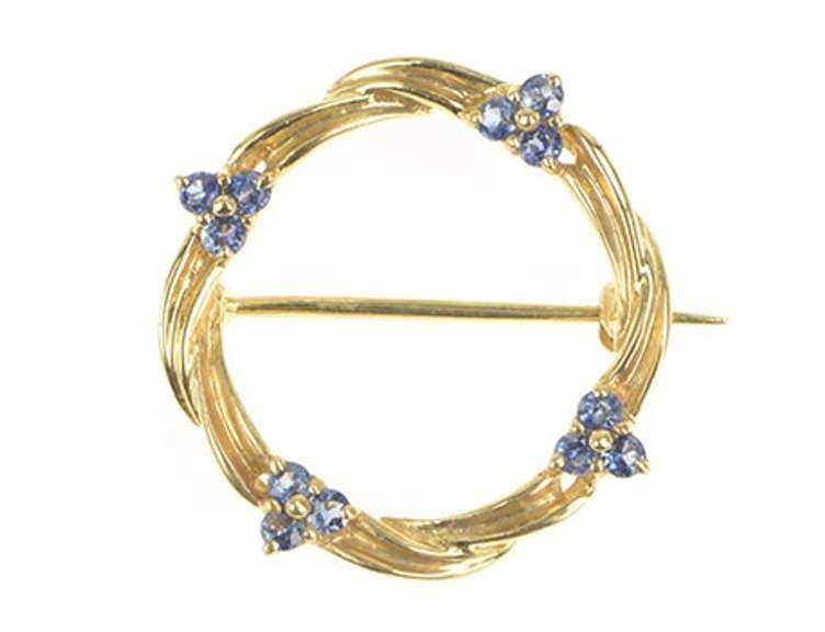 14K Yellow Gold Retro Sapphire Cluster Accent Twist Circle Pin/Brooch