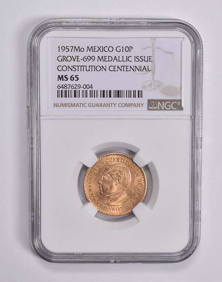MS65 1957 Mo Mexico Gold 10 Pesos Constitution Centenn. Grove-699 NGC