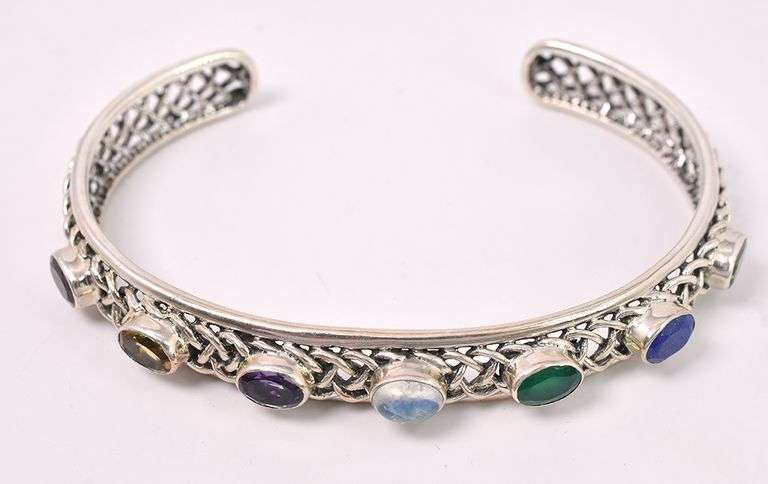 Multi-Gem Cuff Bracelet In Sterling Silver
