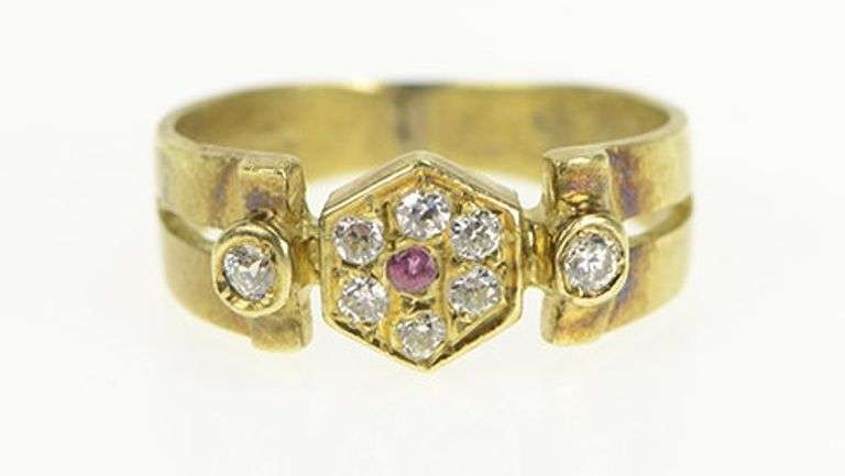 14K Yellow Gold Art Deco Diamond Ruby Ornate Statement Ring