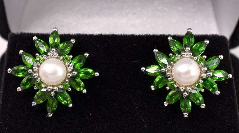 Pearl And Emerald Earrings In Sterling Silver