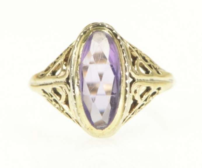 10K Yellow Gold Art Nouveau Ornate Filigree Amethyst Cocktail Ring
