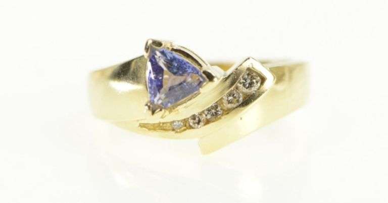 14K Yellow Gold Trillion Tanzanite Diamond Vintage Statement Ring