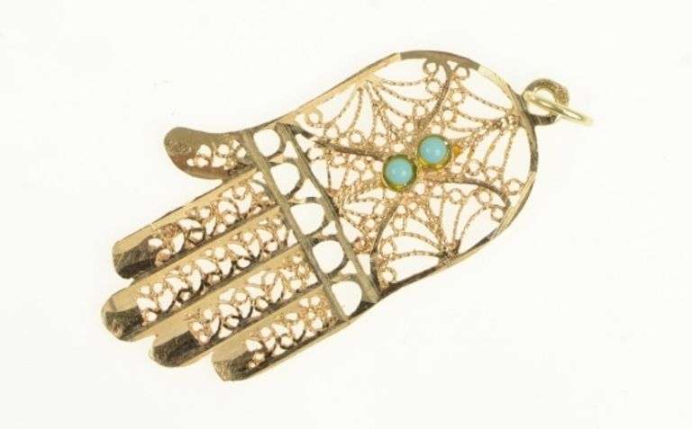 14K Yellow Gold Filigree Hamsa Turquoise Protect Symbol Charm/Pendant