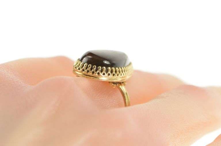 14K Yellow Gold Oval Fire Agate Cabochon Elaborate Statement Ring