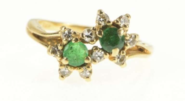 14K Yellow Gold Natural Emerald Diamond Flower Halo Bypass Ring