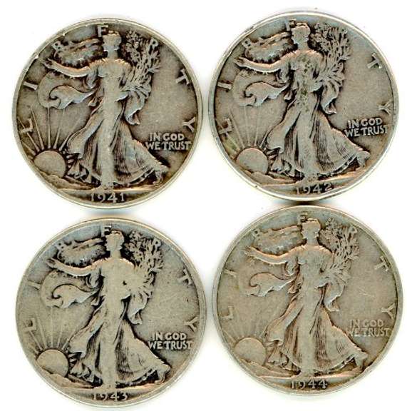 Four Different Walking Liberty Silver Half Dollars: 1941-1944