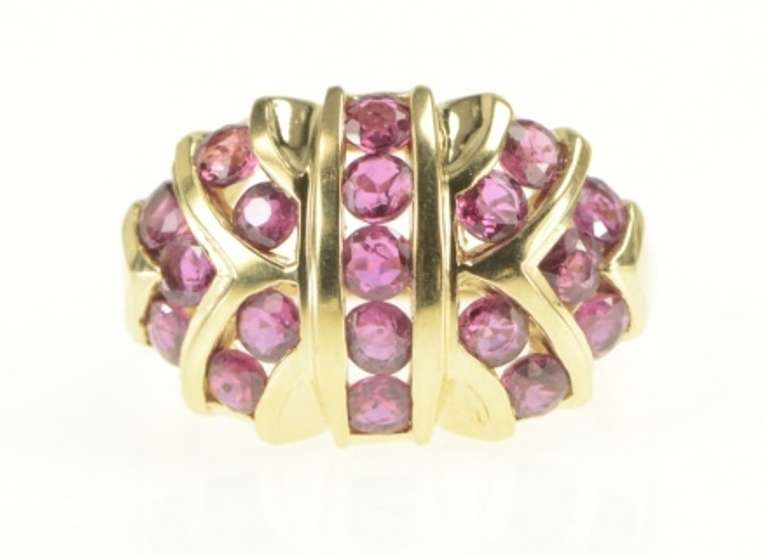 14K Yellow Gold Geometric Ruby Encrusted Domed Statement Ring
