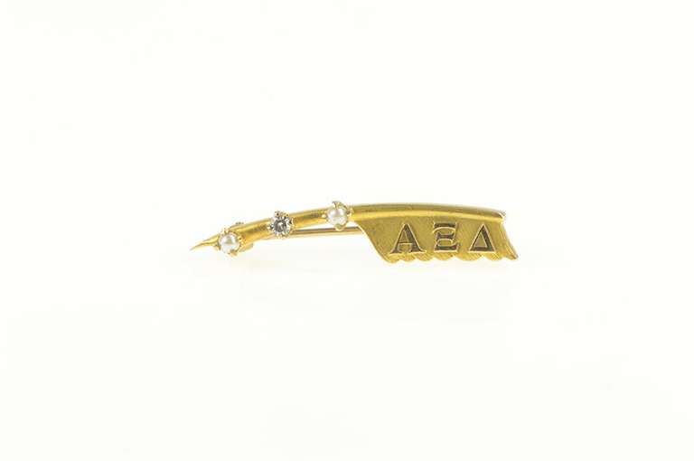 10K Yellow Gold Alpha Xi Delta Seed Pearl Diamond Bar Pin/Brooch