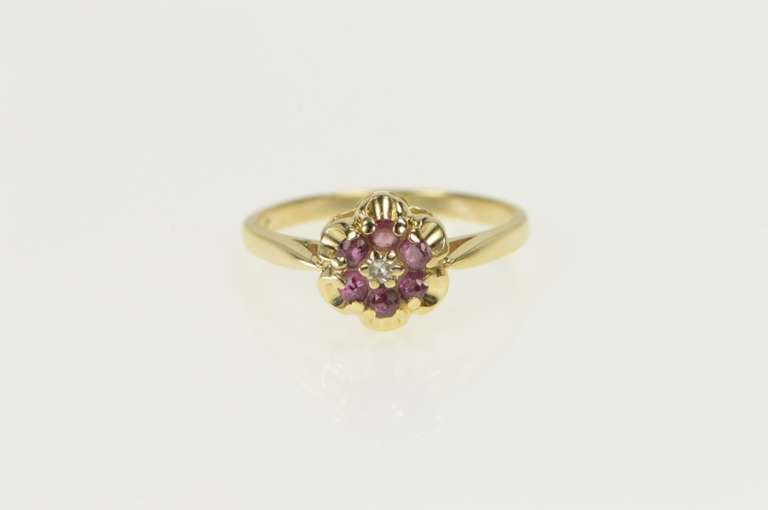 14K Yellow Gold 1960's Diamond Ruby Halo Flower Cluster Ring