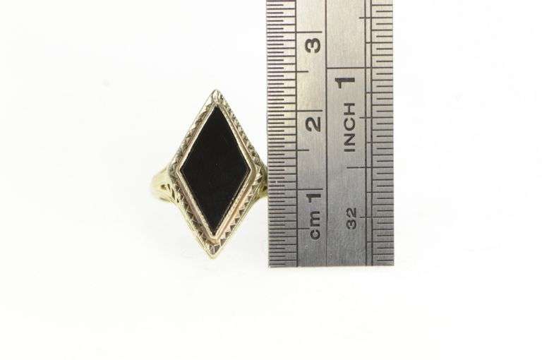 10K Yellow Gold Art Deco Black Onyx Filigree Elaborate Ring