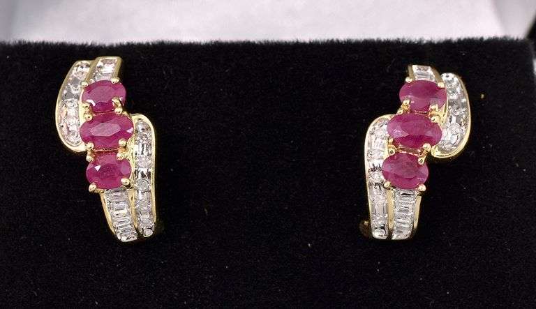 Gorgeous Ruby And Diamond J-Hoop Earring In 14K Yellow Gold