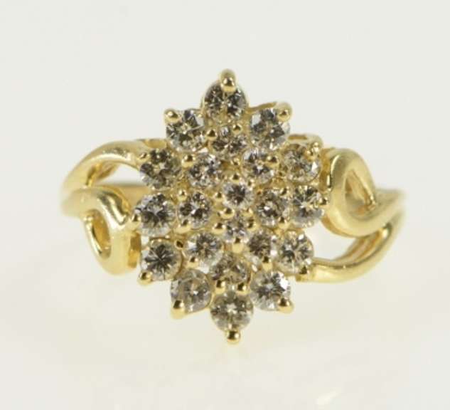 14K Yellow Gold Retro Diamond Cluster Vintage Statement Ring