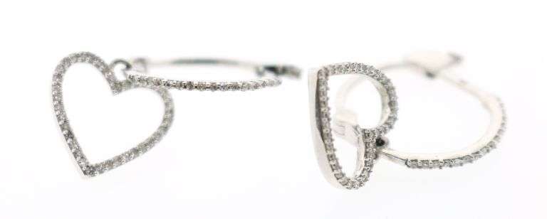 Modern 14k White Gold Heart Earrings with Studded Diamonds