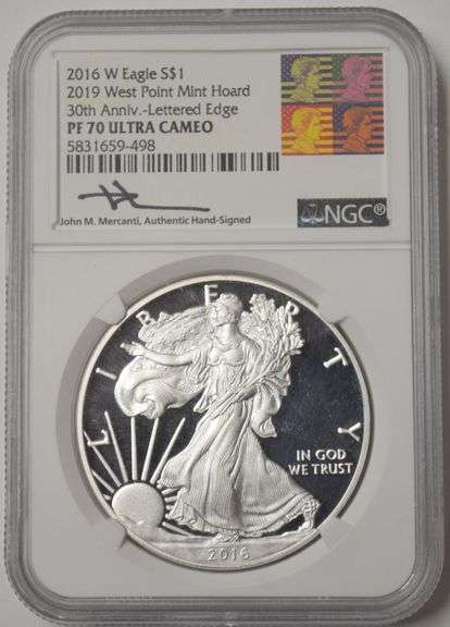 2016 W American Silver Eagle PF 70 Ultra Cameo Mercanti Signed 30th Anniversary