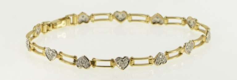 10K Yellow Gold Diamond Pave Heart Love Symbol Tennis Bracelet