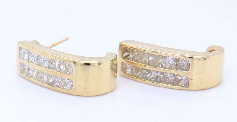 Handsome Yellow Gold Double Row Diamond J Hoop Earrings