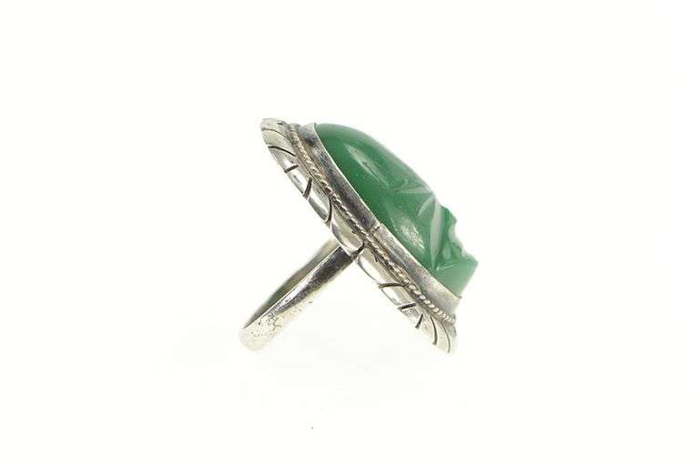 Sterling Silver Green Agate Carved Tribal Mask Statement Ring